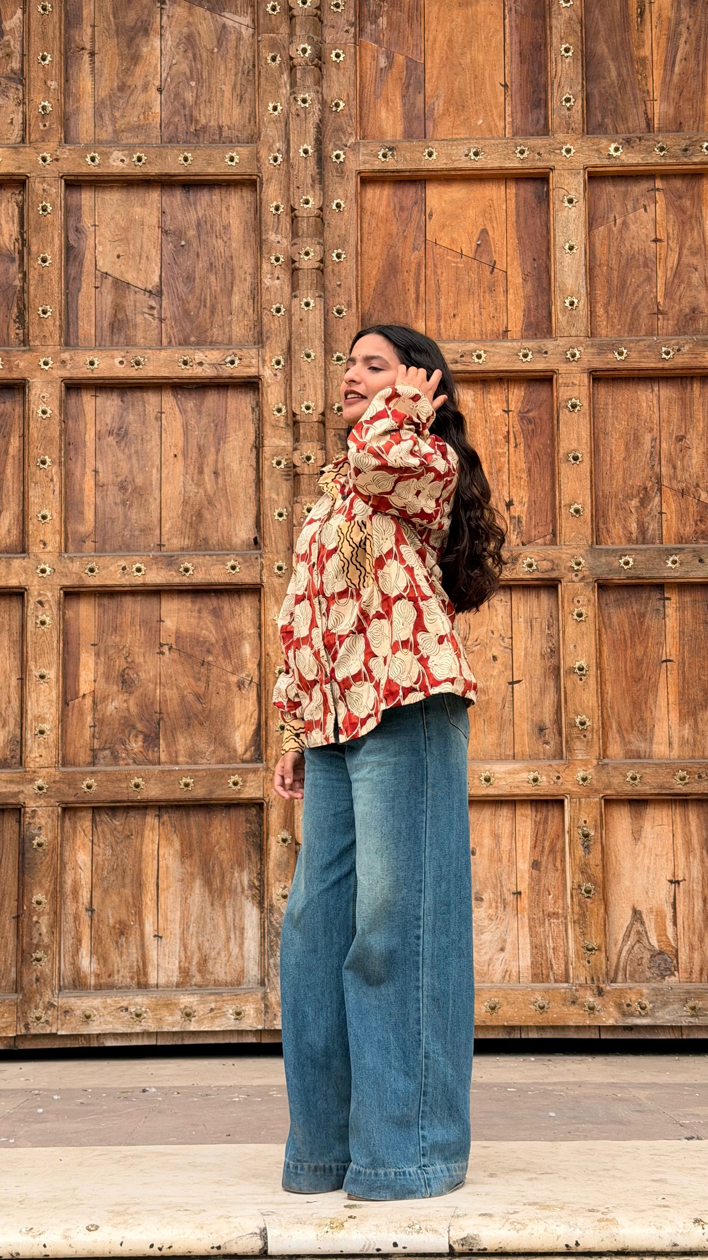 ALKA Red Bagru Oversized Cotton Shirt