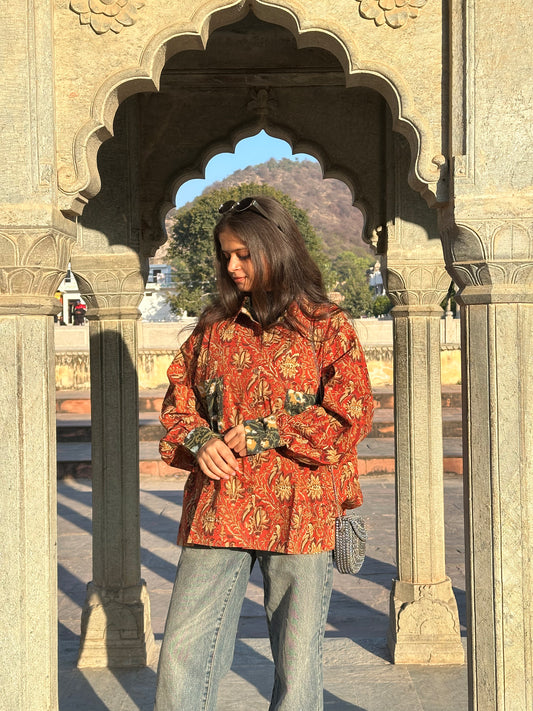 Lal Kashish Handcrafted Loose Fit Cotton Shirt – Natural Dye Bagru Block Print