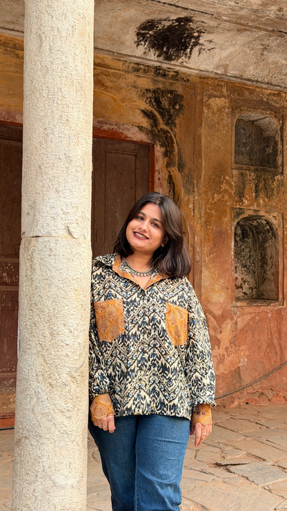 Dabu Bagru Handcrafted Loose Fit Cotton Shirt | Natural Dye