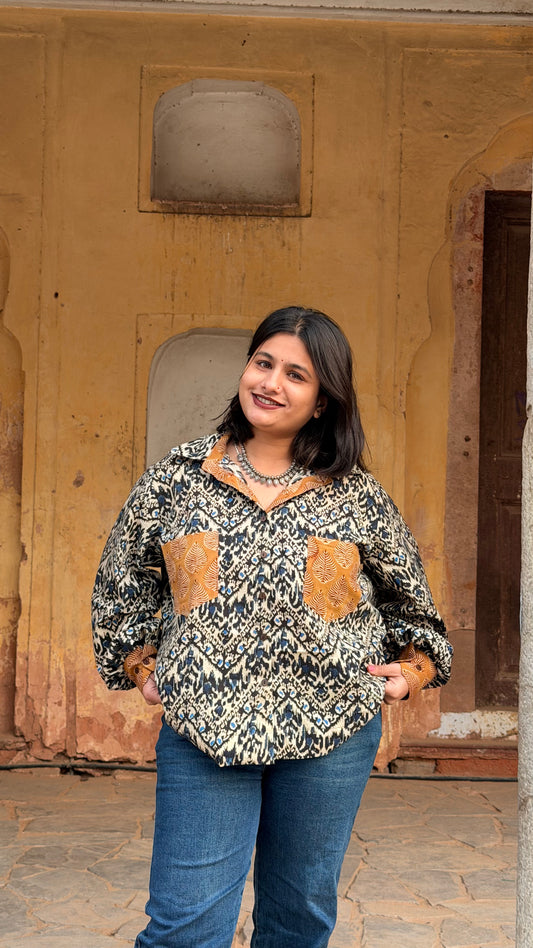 Dabu Bagru Handcrafted Loose Fit Cotton Shirt | Natural Dye