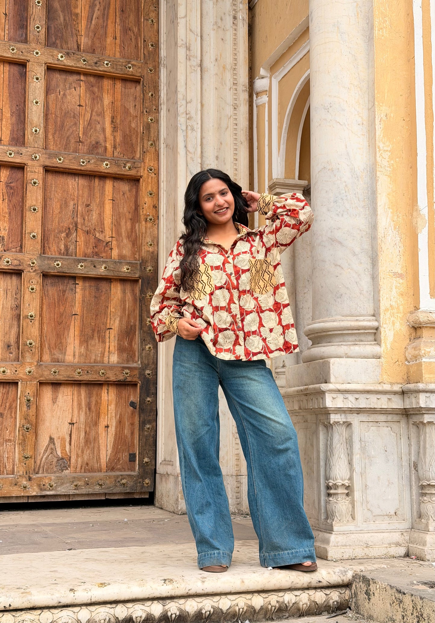 ALKA Red Bagru Oversized Cotton Shirt