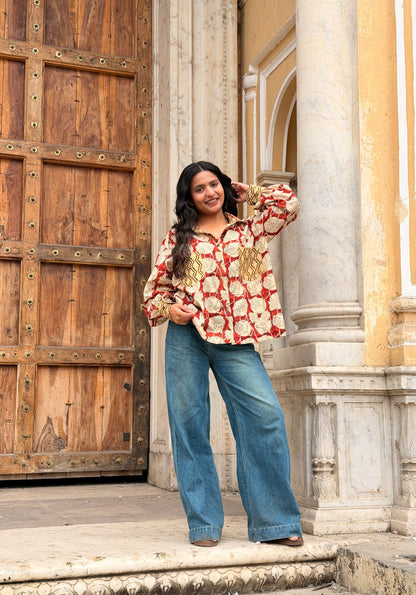 ALKA Red Bagru Oversized Cotton Shirt